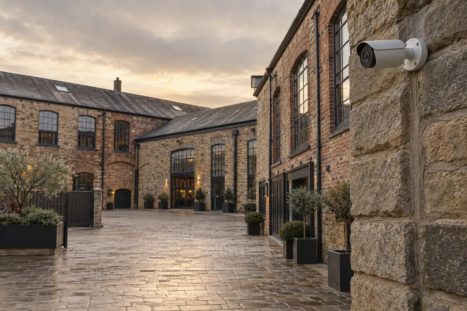Security camera overlooking a Yorkshire stone commercial courtyard