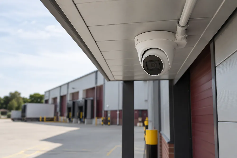 Turret CCTV camera beneath the soffit of a commercial building
