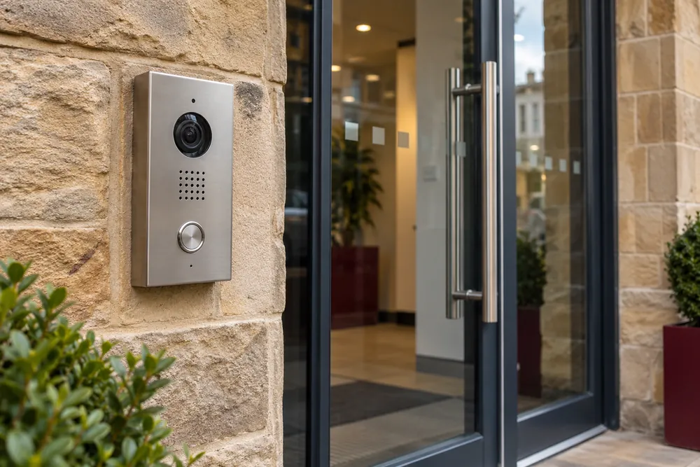 Stainless steel video entry panel at a stone building entrance
